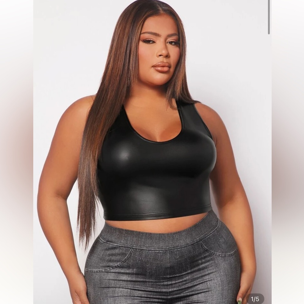She in black faux leather crop top